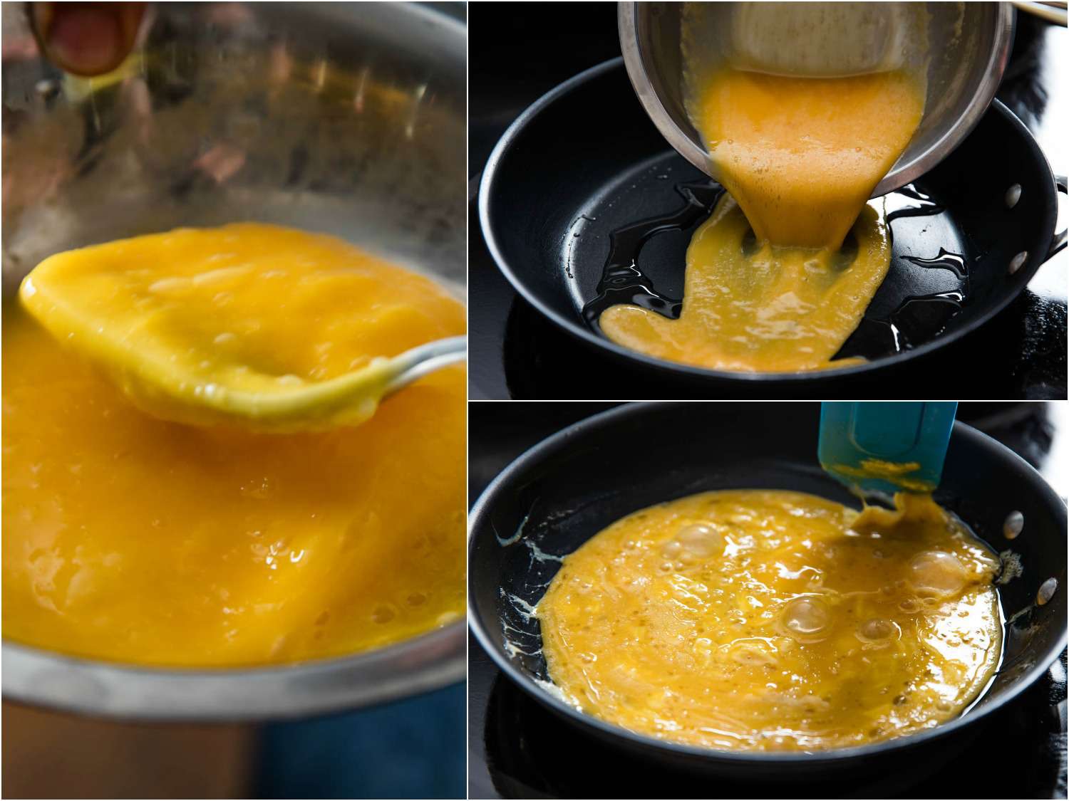 Collage of making omelette for omurice: beating eggs, pouring beaten egg into pan, layer of egg in pan.