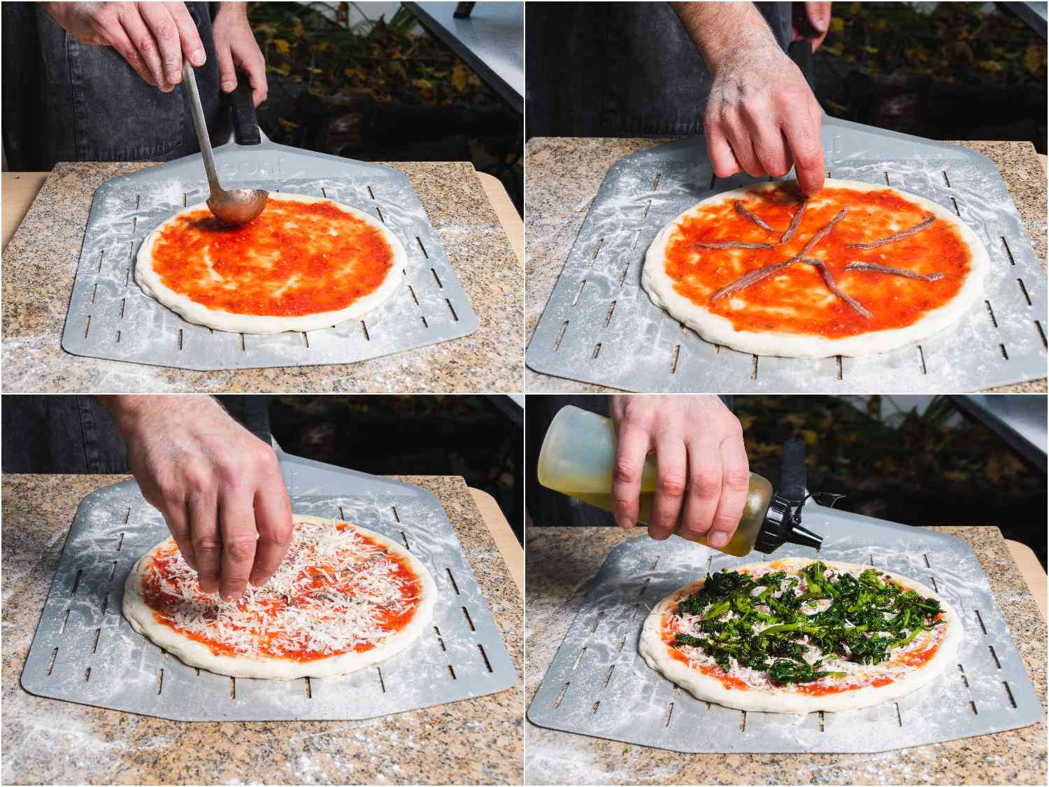 Topping stretched pizza dough with tomato sauce, anchovies, grated cheese, charred rabe, and olive oil.
