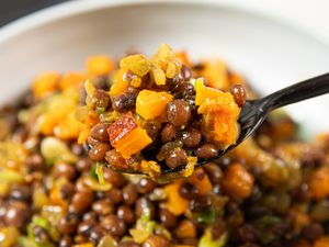 Close up of a spoon of pigeon peas and squash