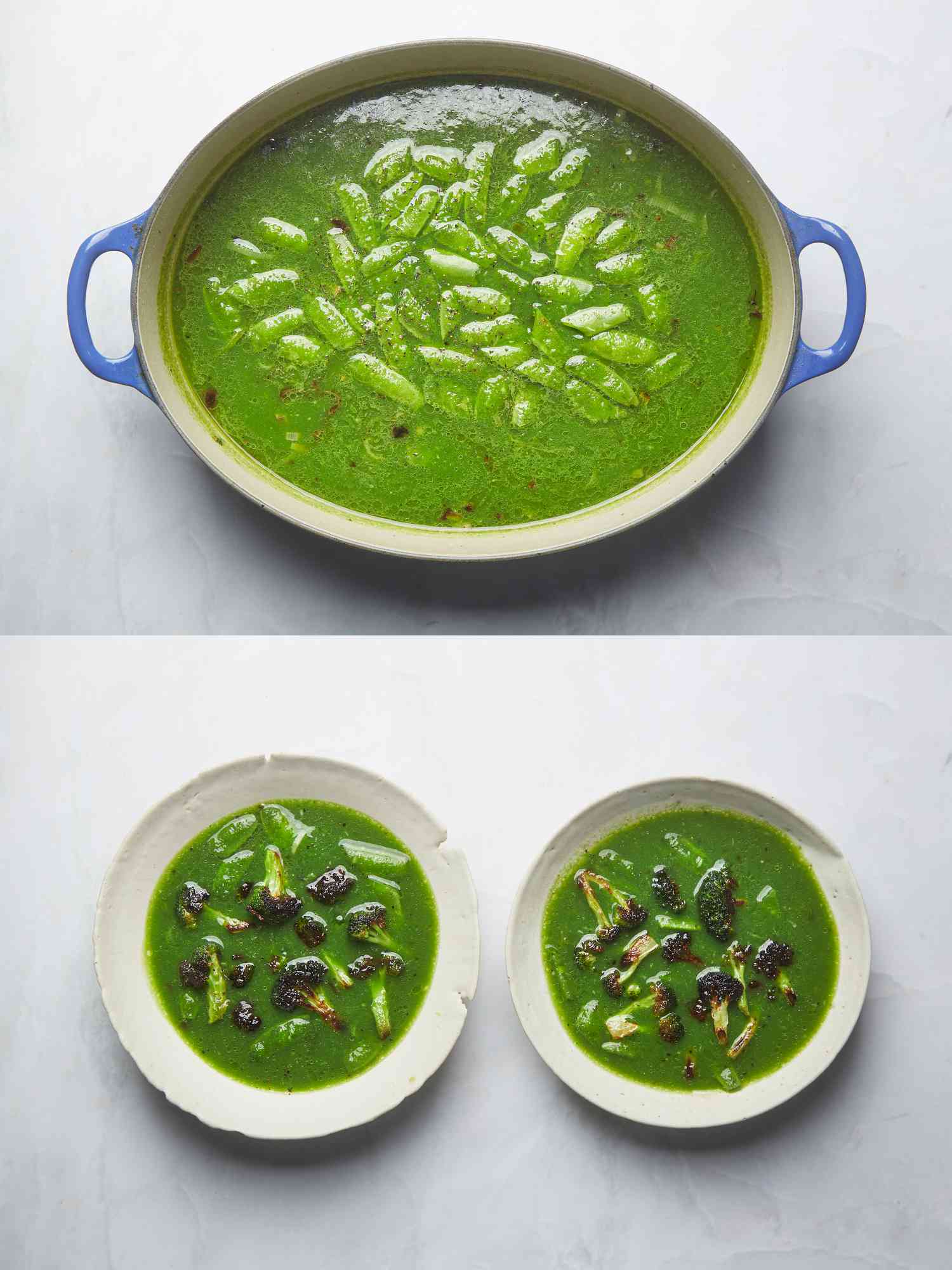 2 image Collage: Snap peas added into green soup in dutch oven. Bottom: 2 plates of green soup in rustic bowls