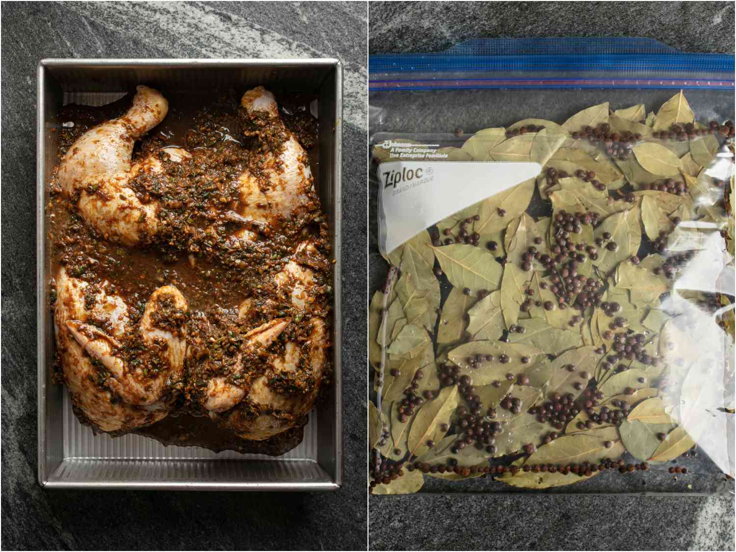 collage: two chicken halves in a baking dish covered in jerk chicken marinade; allspice berries and bay leaves in a ziplock bag filled with water