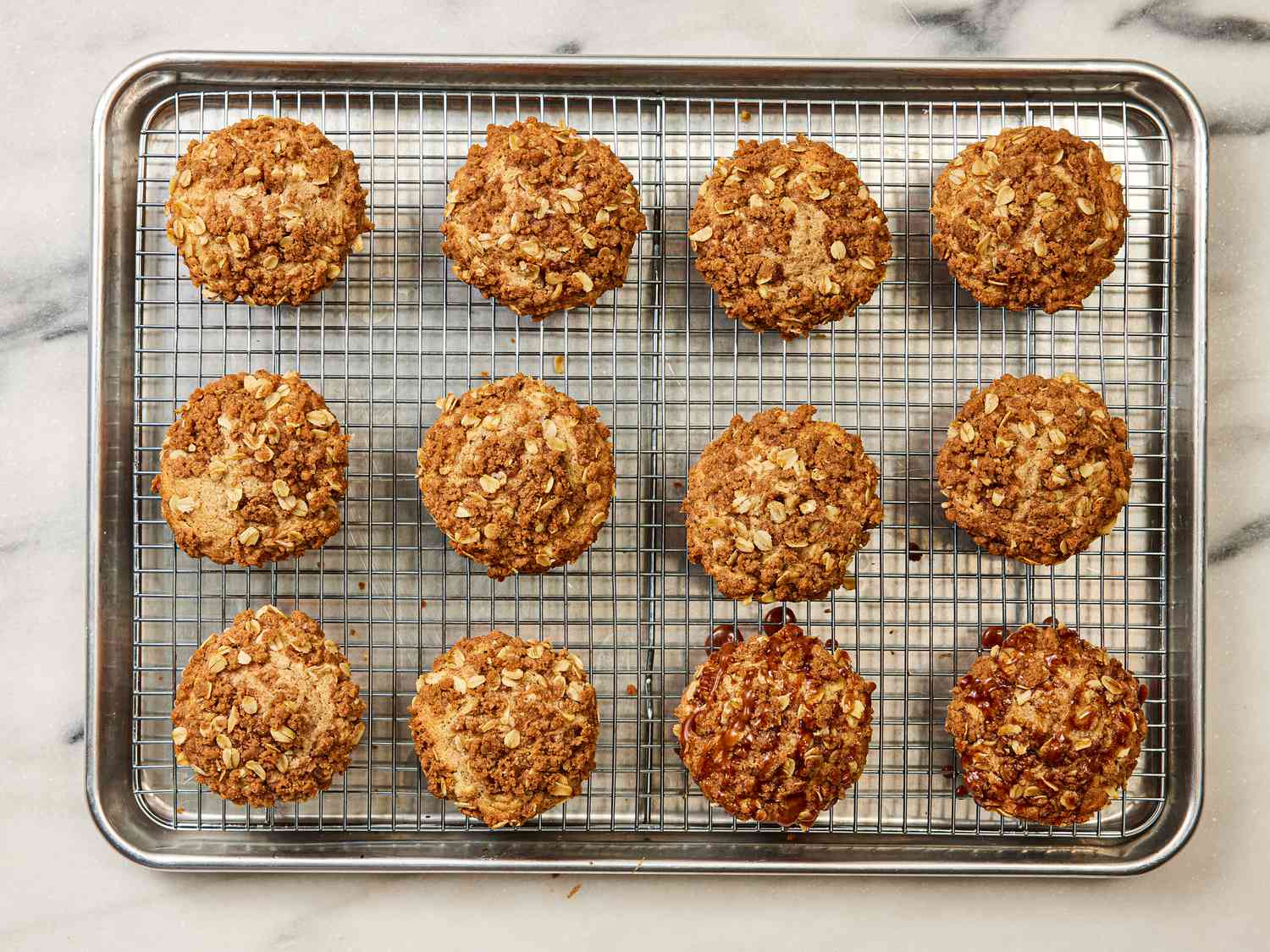 Overhead view of muffins cooling
