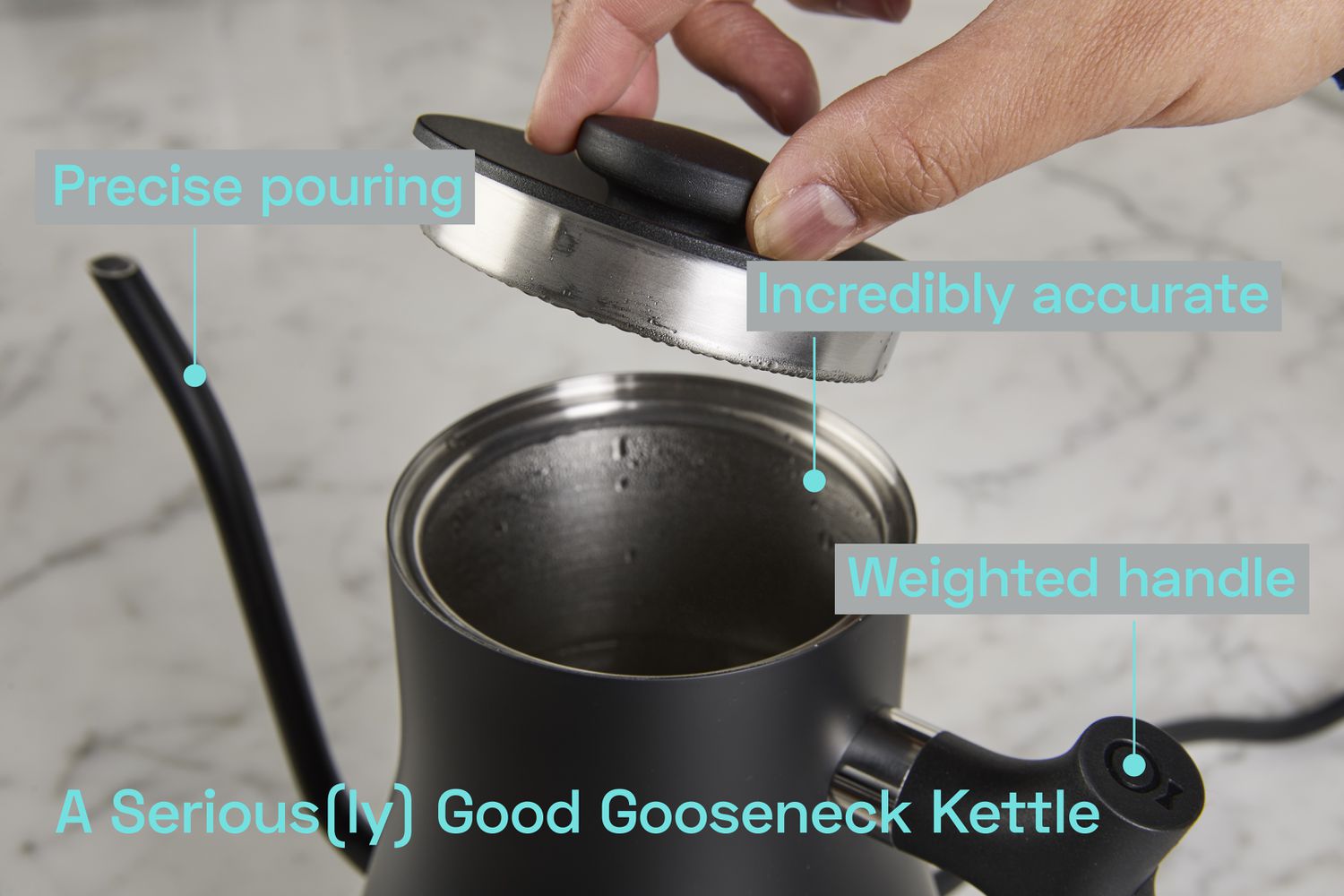 A person removing the lid of a gooseneck kettle.