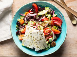 Overhead view of greek salad