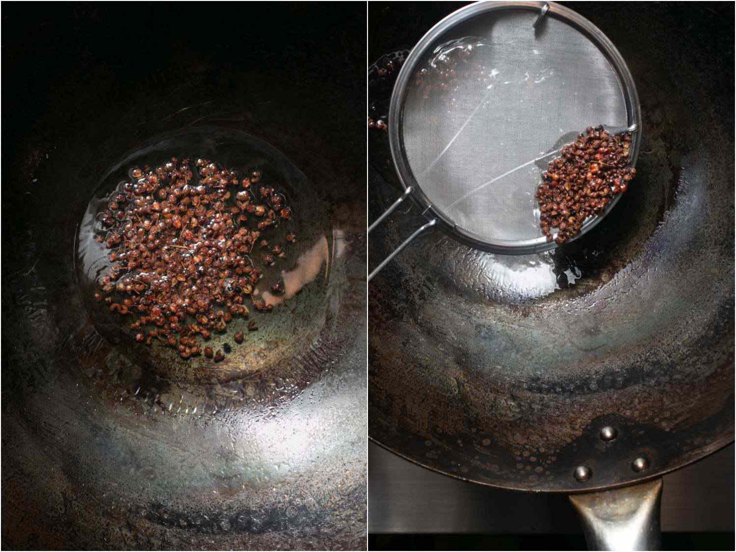 Collage of Sichuan peppercorns frying in oil for mapo tofu, then removing peppercorns with a fine-meshed sieve.