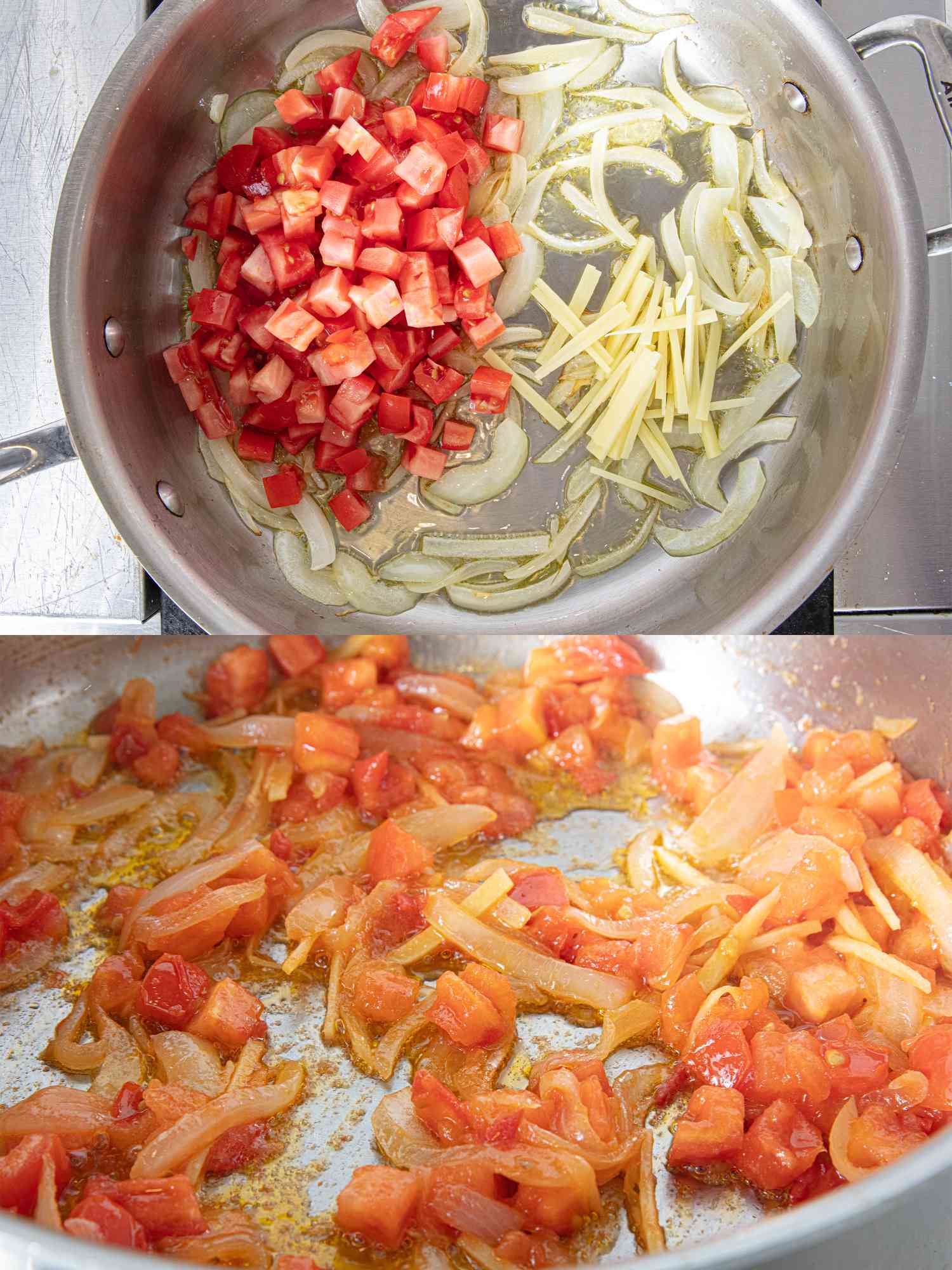 Two image collage of tomato and onions cooking