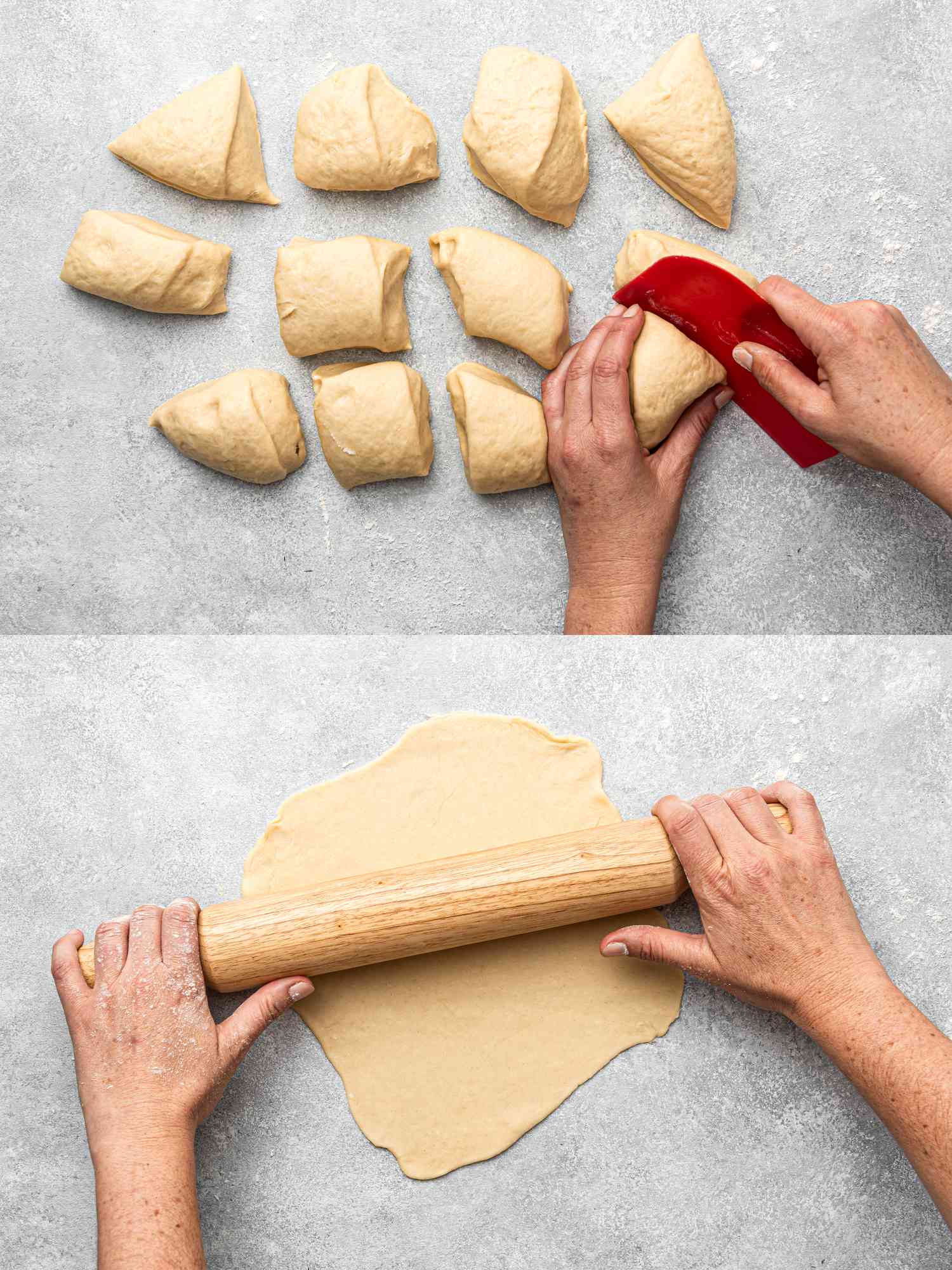 Hands slicing dough into pieces, then rolling out dough with a rolling pin.