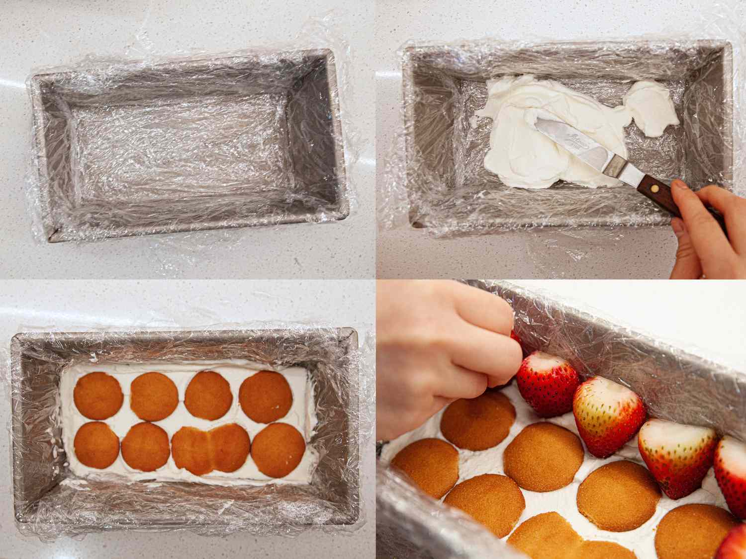 Four image collage of assembling cake