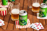 a can of bravus west coast ipa in front of a glass