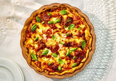 Overhead view of finished tomato pie