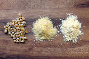 From left: whole popcorn kernels, freshly milled cornmeal made from popcorn kernels, and store-bought cornmeal.