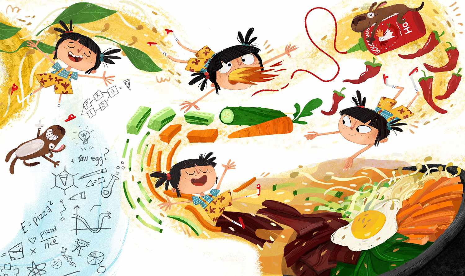 Cartoon illustration of a little girl making bibimbap. 