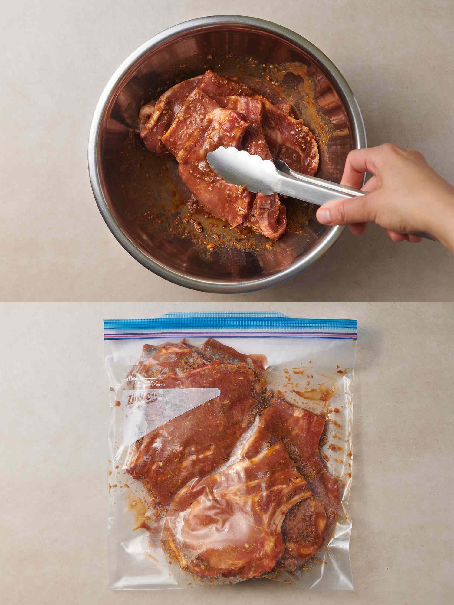 Turning over pork chops in bowl to coat all surfaces with the marinade, and Pork inside a gallon-size zipper-lock bag