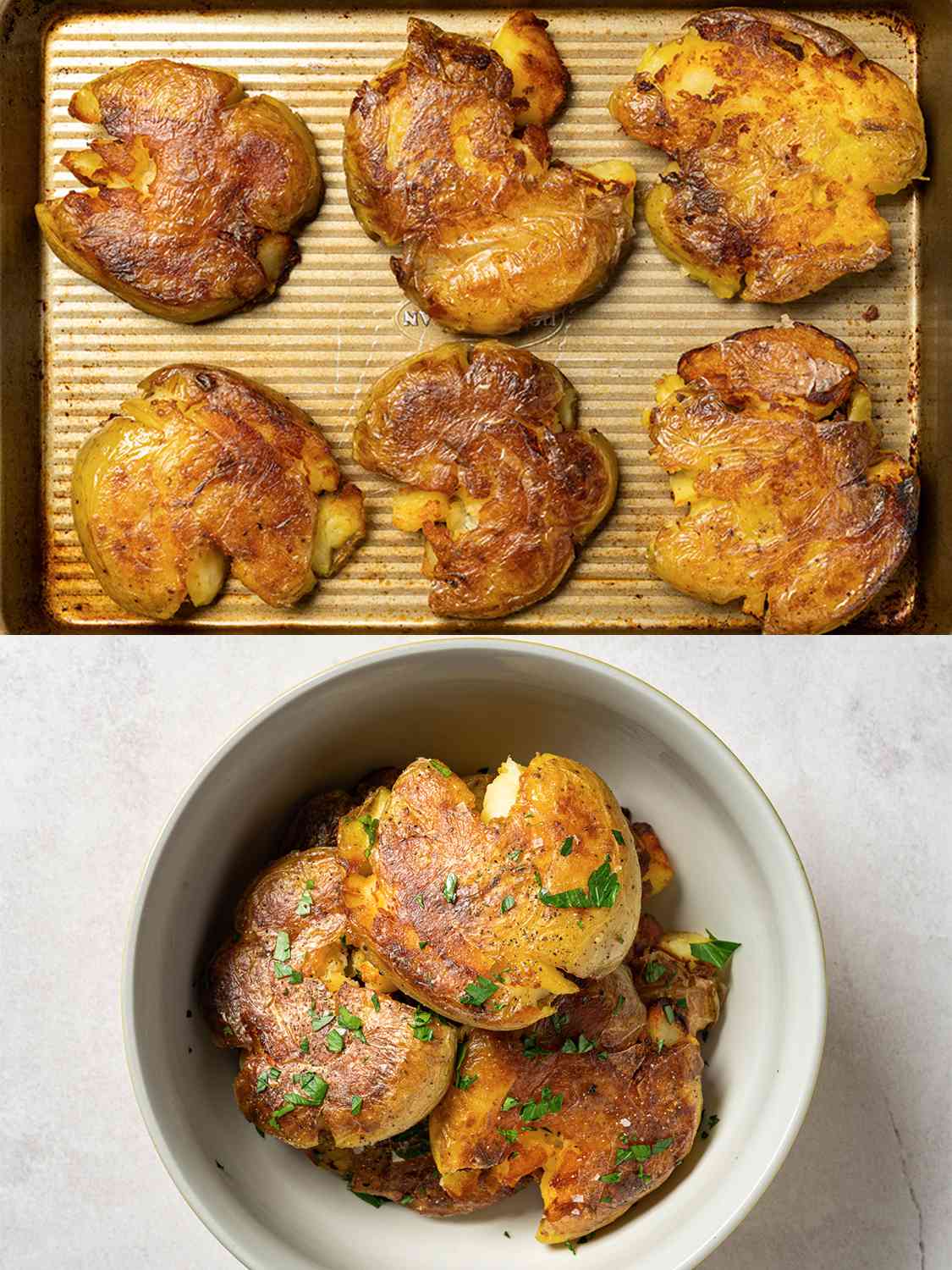 A two-image collage. The top image shows six crispy smashed potatoes resting on a well-seasoned sheet pan. The bottom image shows the potatoes placed inside of a serving bowl and sprinkled with chopped herbs.