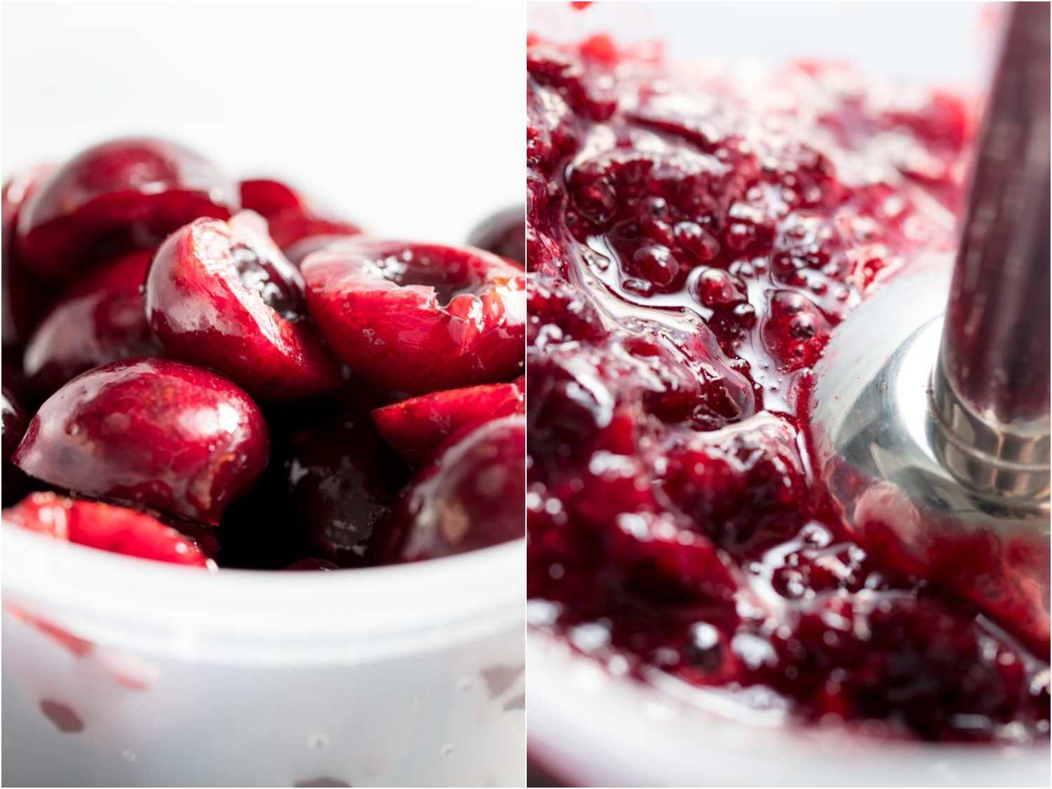 Side by side images showing half-mashed pitted cherries and the cherries being pureed with an immersion blender.