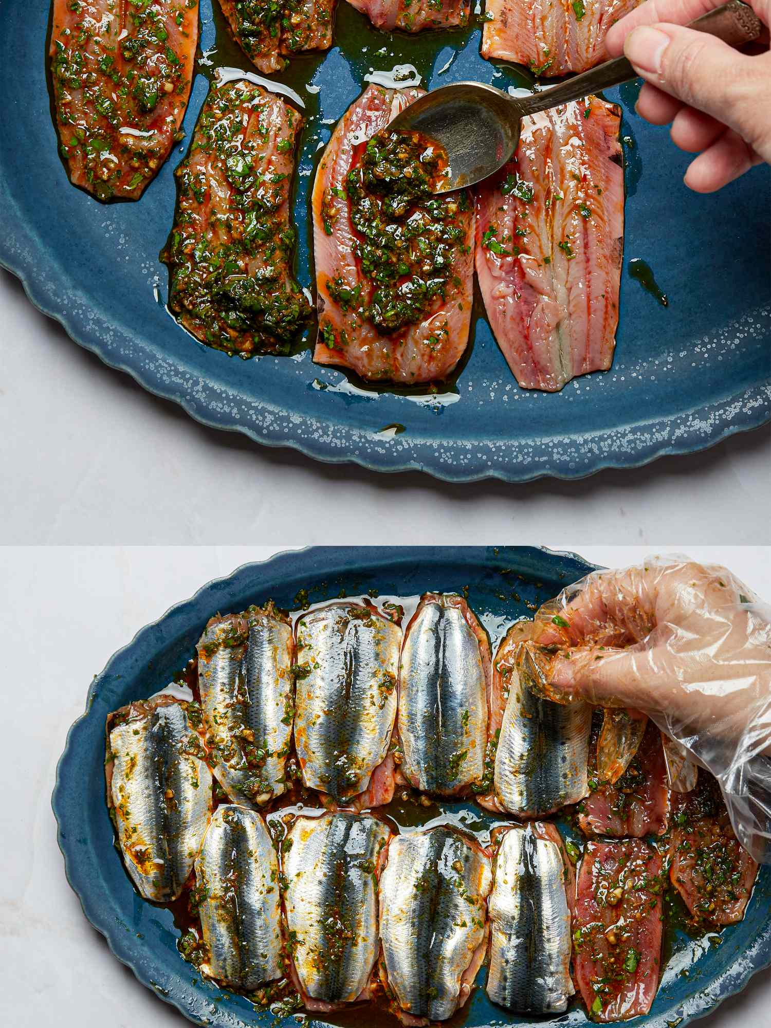 Two steps showing sardines being marinated with chermoula sauce in a dish a hand using a spoon in the top and arranging sardines in the bottom