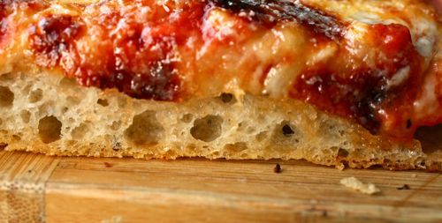 A thin and lofty pizza crust. 