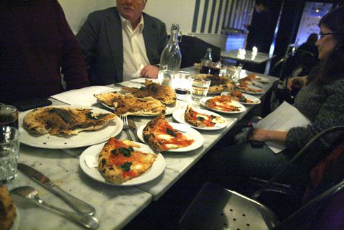 table full of pizzas