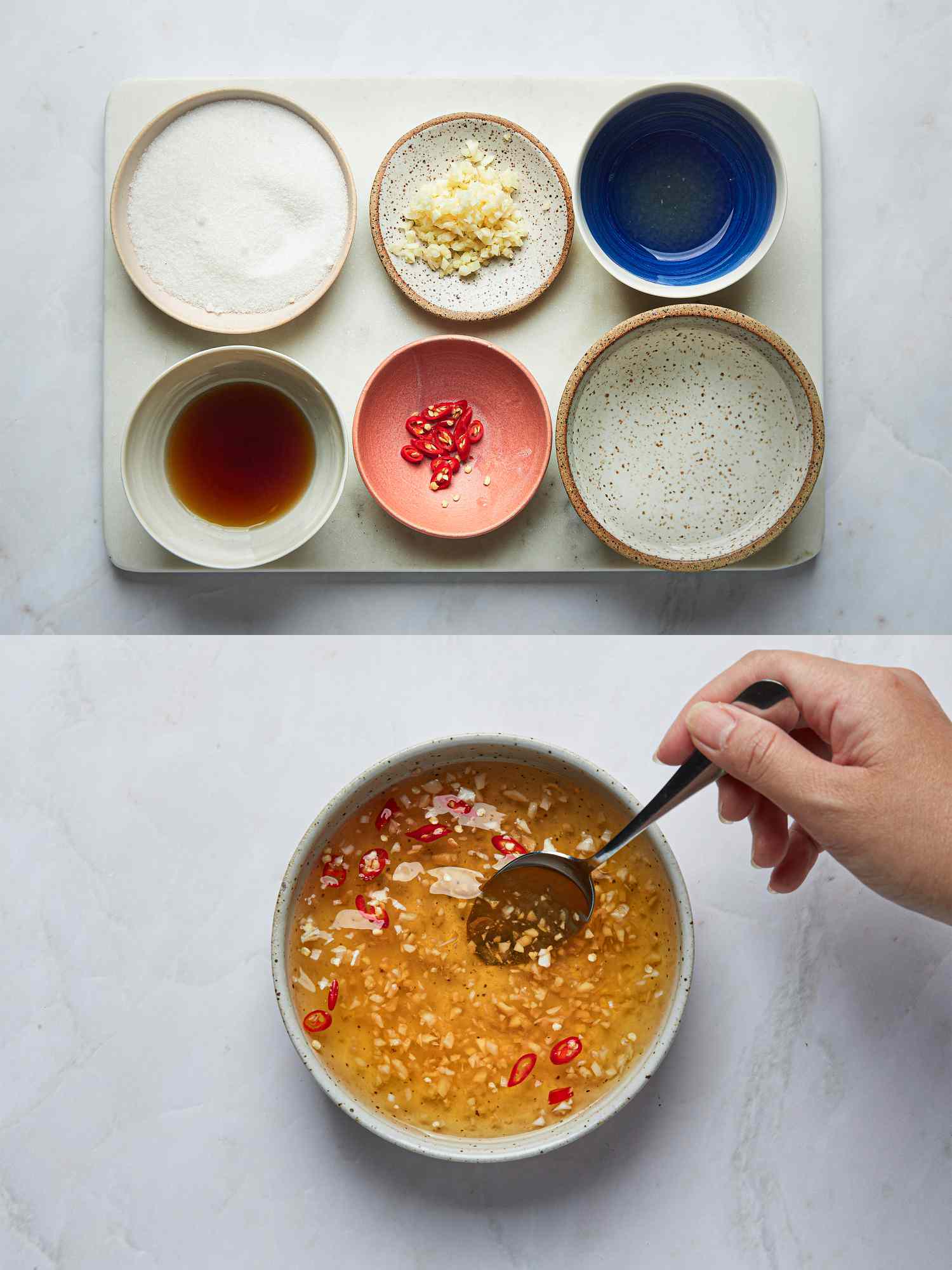 Two image collage of overhead view of mise en place of ingredients for sauce and mixing sauce together 