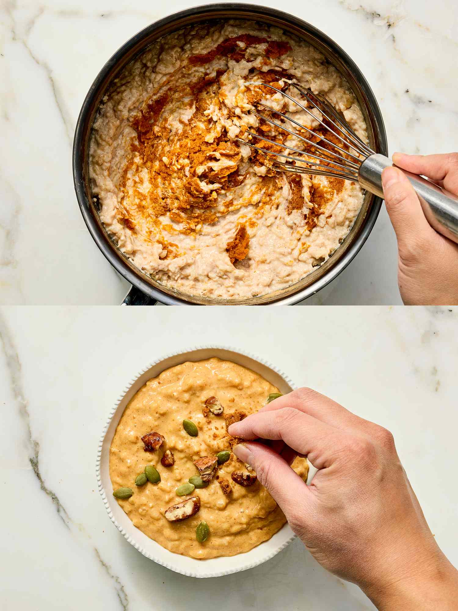 Pumpkin rice pudding preparation shown in two steps mixing in a pot and garnishing in a bowl