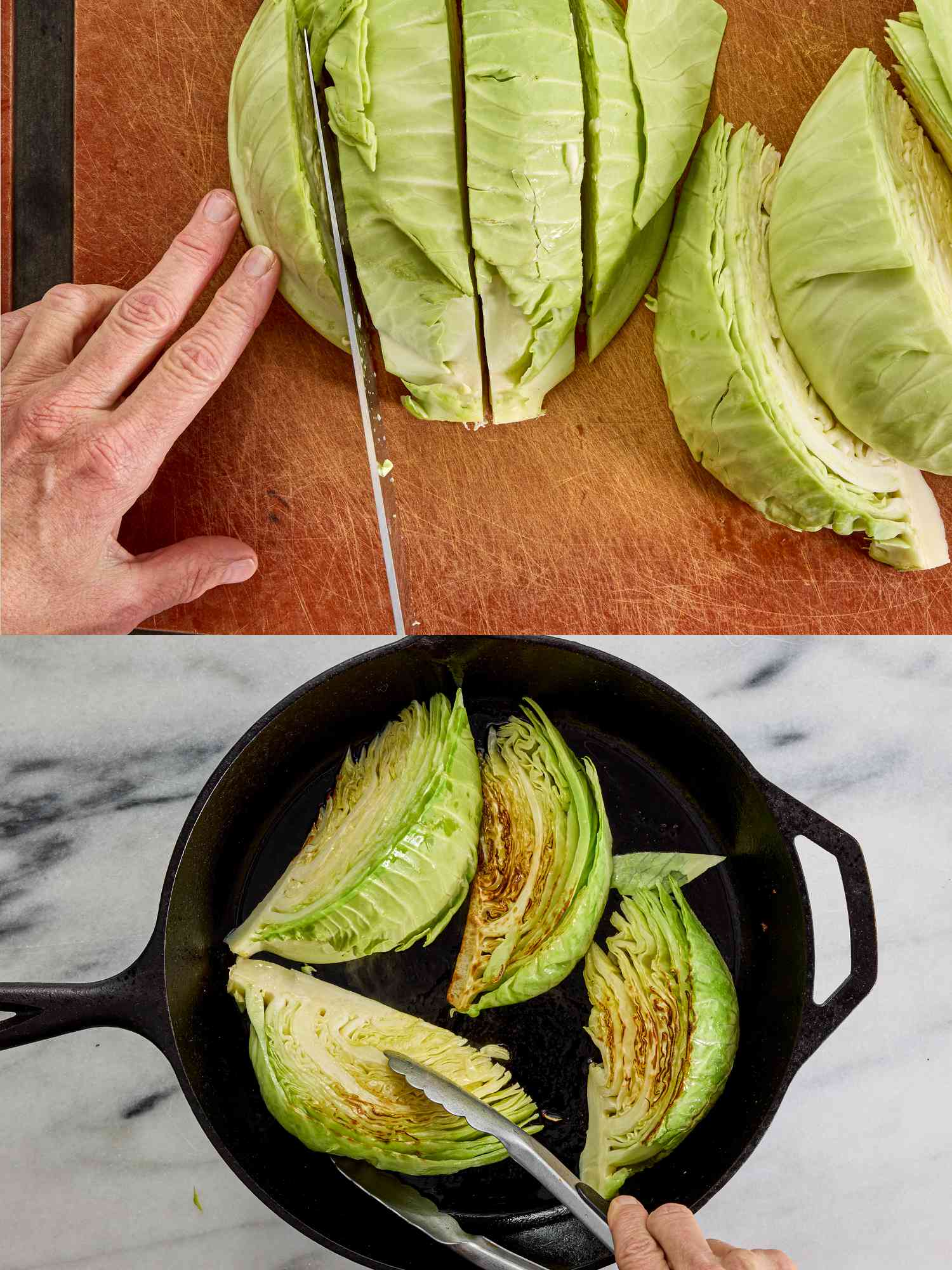 2 image collage. Top: slicing cabbage on a chopping board. Bottom: skillet with cabbage pieces in it