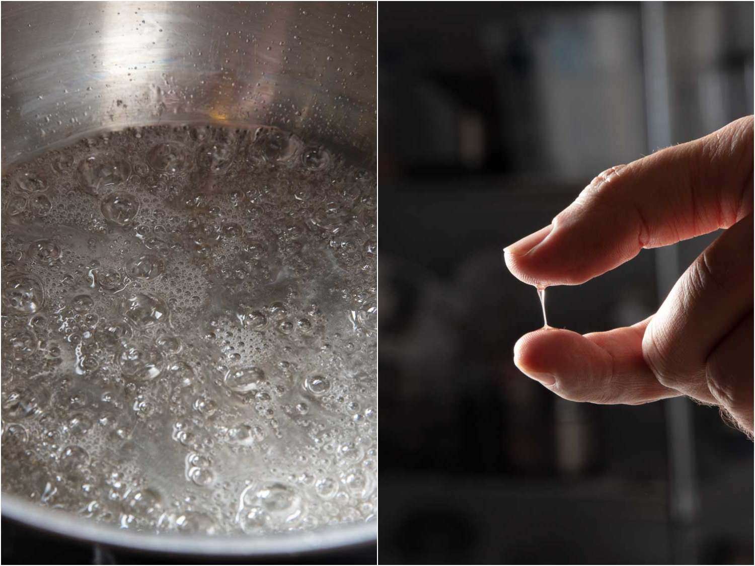 Collage of sugar syrup boiling and a hand stretching some of the syrup between a finger and thumb to check for consistency.