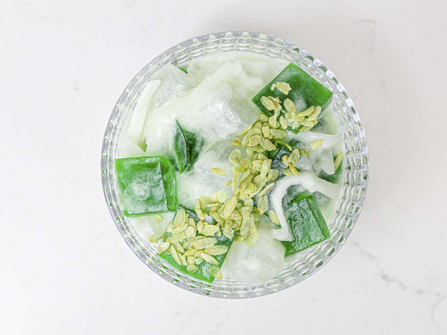 Buko pandan in a clear glass dish 