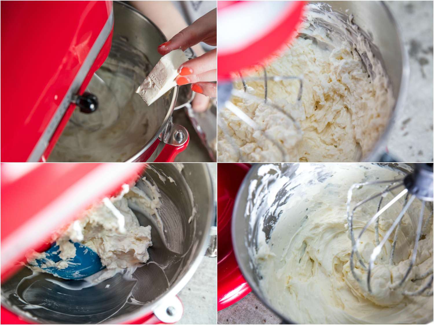 A collage: adding cream cheese to the mixing bowl containing whipping cream and whip it up in a stand mixer. 