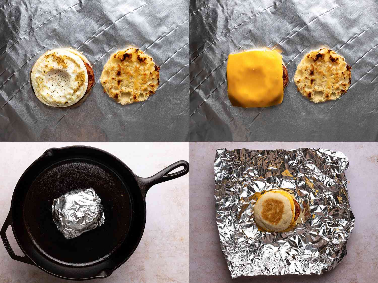 A four-image collage showing the final construction of the Egg McMuffin. The top left image shows the left side of the Egg McMuffin topped with the cooked egg. The top right image shows the egg then covered with a slice of American cheese. The bottom left image shows the complete sandwich wrapped in aluminum foil and placed on a cast iron skillet, to warm it through. The bottom right image shows the Egg McMuffin, unwrapped, on top of the aluminum foil.