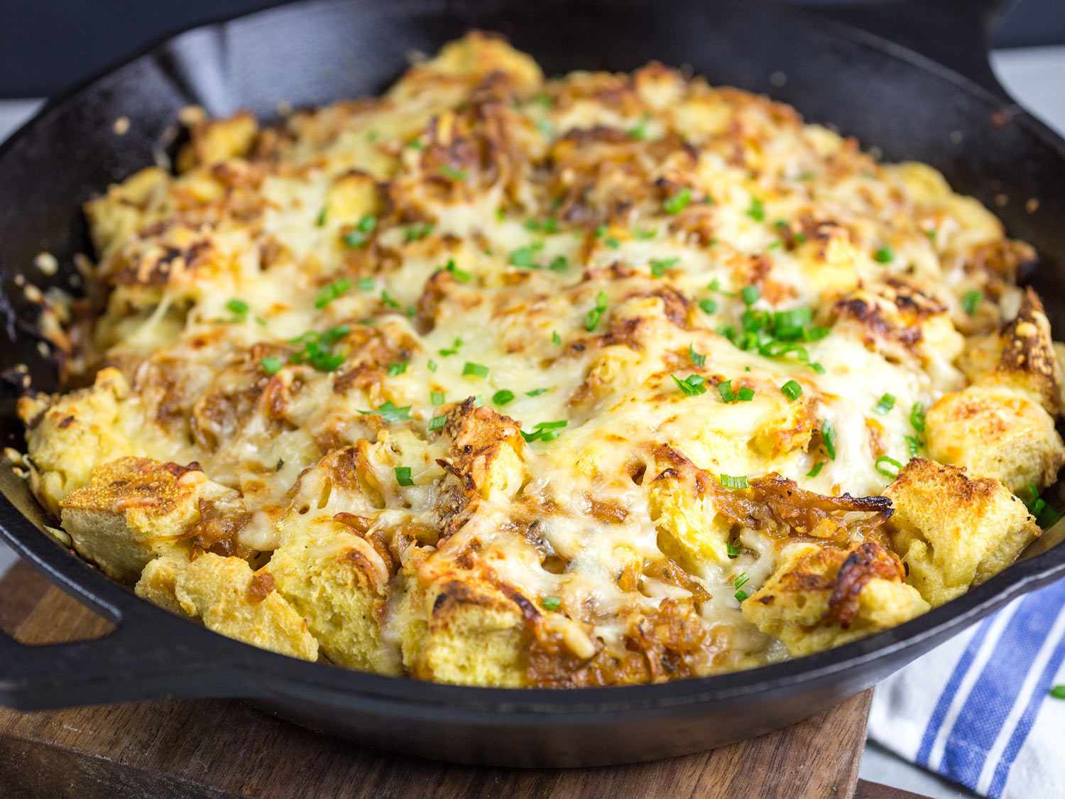 Closeup of French onion strata, fresh from the oven.