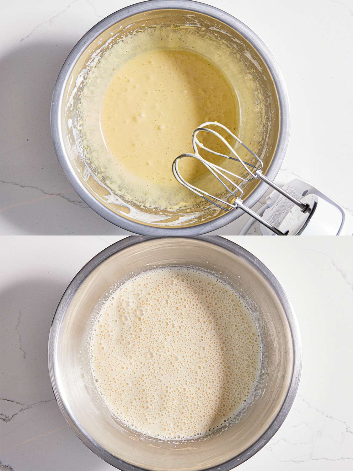 Two image collage of yolks being mixed with a stand mixer in a metal bowl