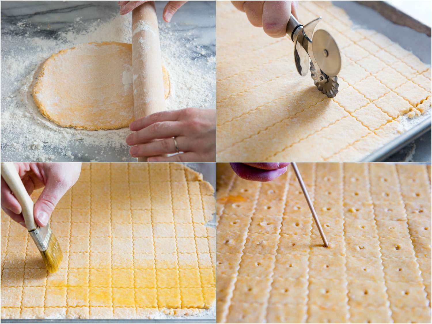 A collage of rolling out Cheeze-Its dough, cutting it with a fluted pastry cutter, eggwashing it, and poking a whole in each cracker with a bamboo skewer.