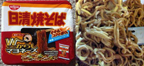 A package and close up of Nissin Yakisoba.