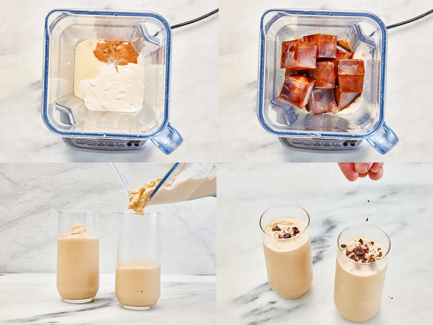 Four image collage of coffee smoothie ingredients in a blender, smoothie being poured into a glass and topped with chocolate