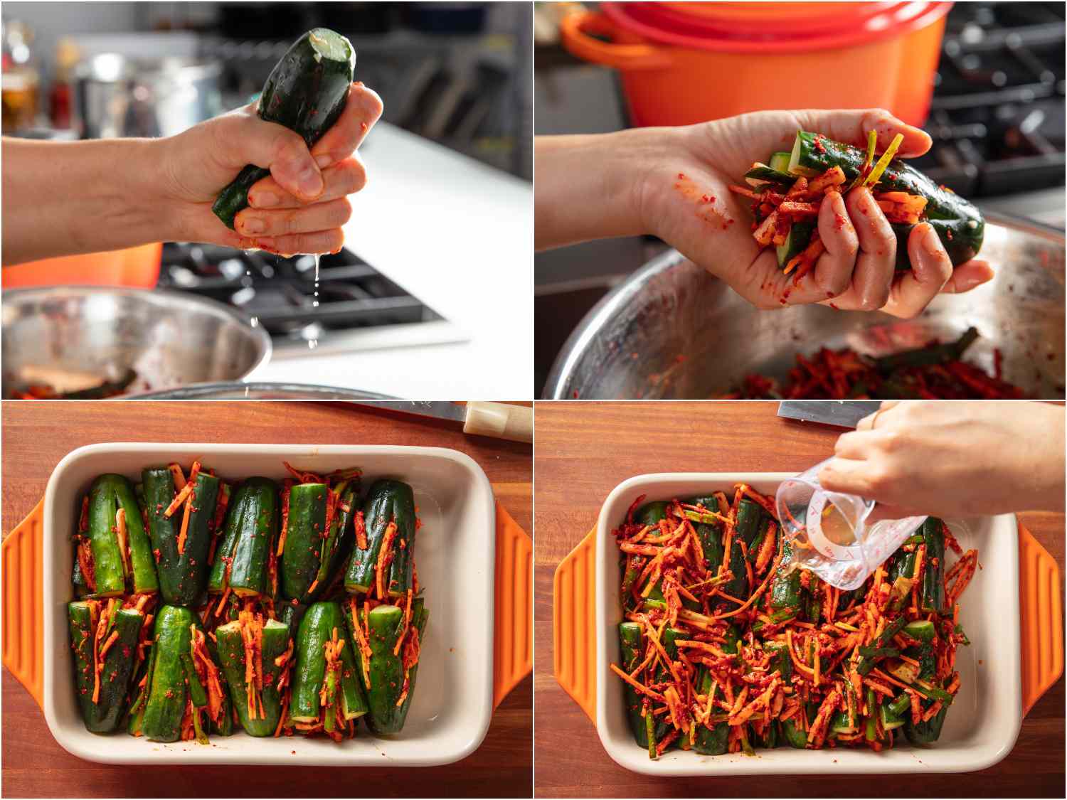 Collage of stuffing cucumbers with filling and topping with reserved cucumber liquid.