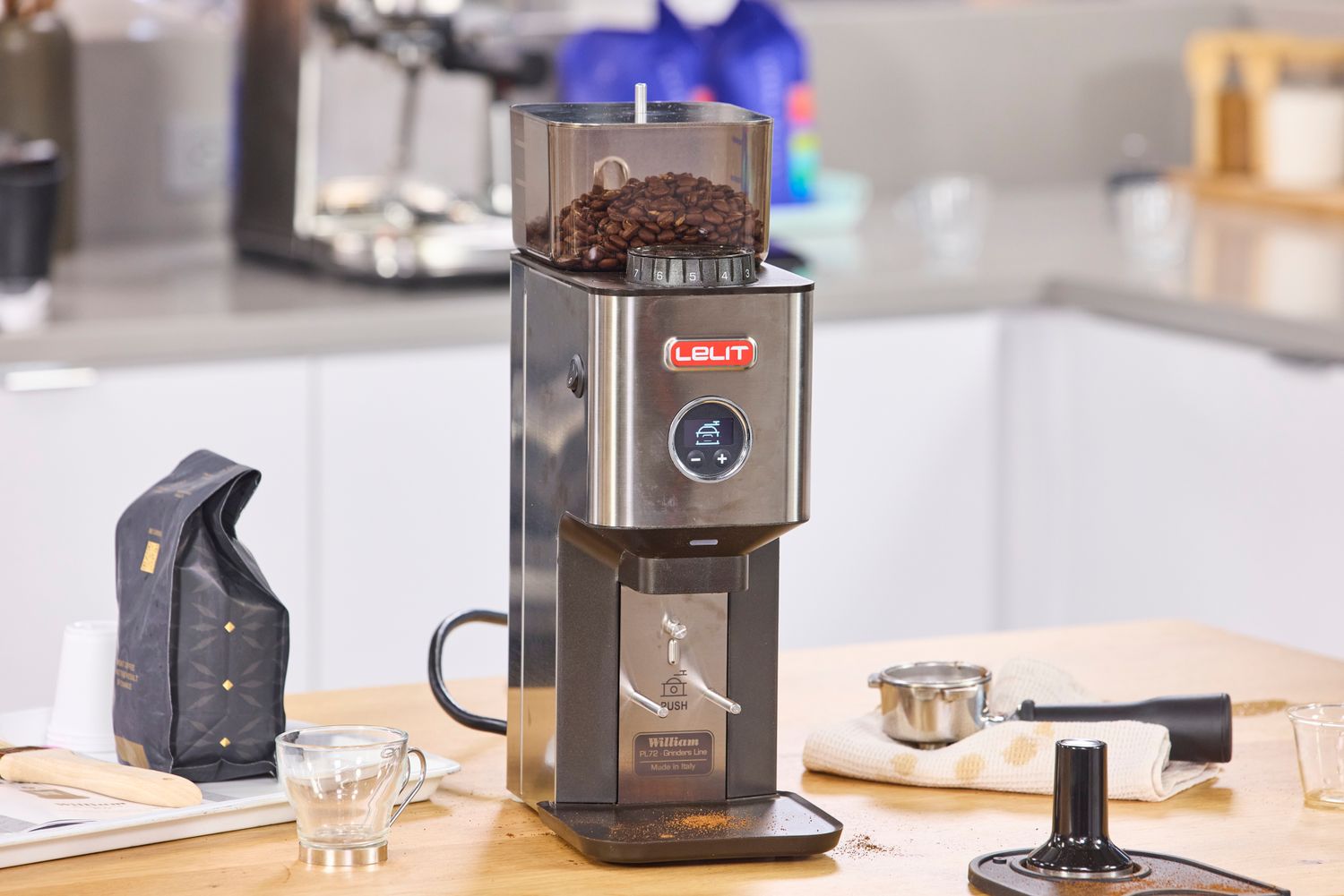 Coffee beans inside the Lelit William Espresso Grinder