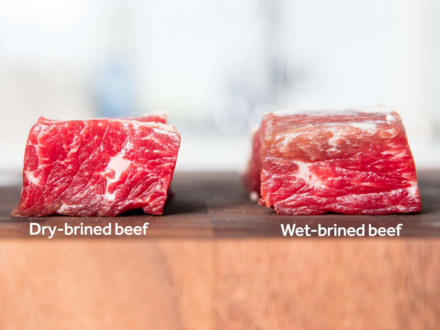 Side-by-side comparison of dry-brined corned beef and wet-brined corned beef