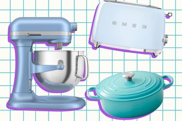Kitchen appliances including a stand mixer, toaster, and dutch oven on a gridded background