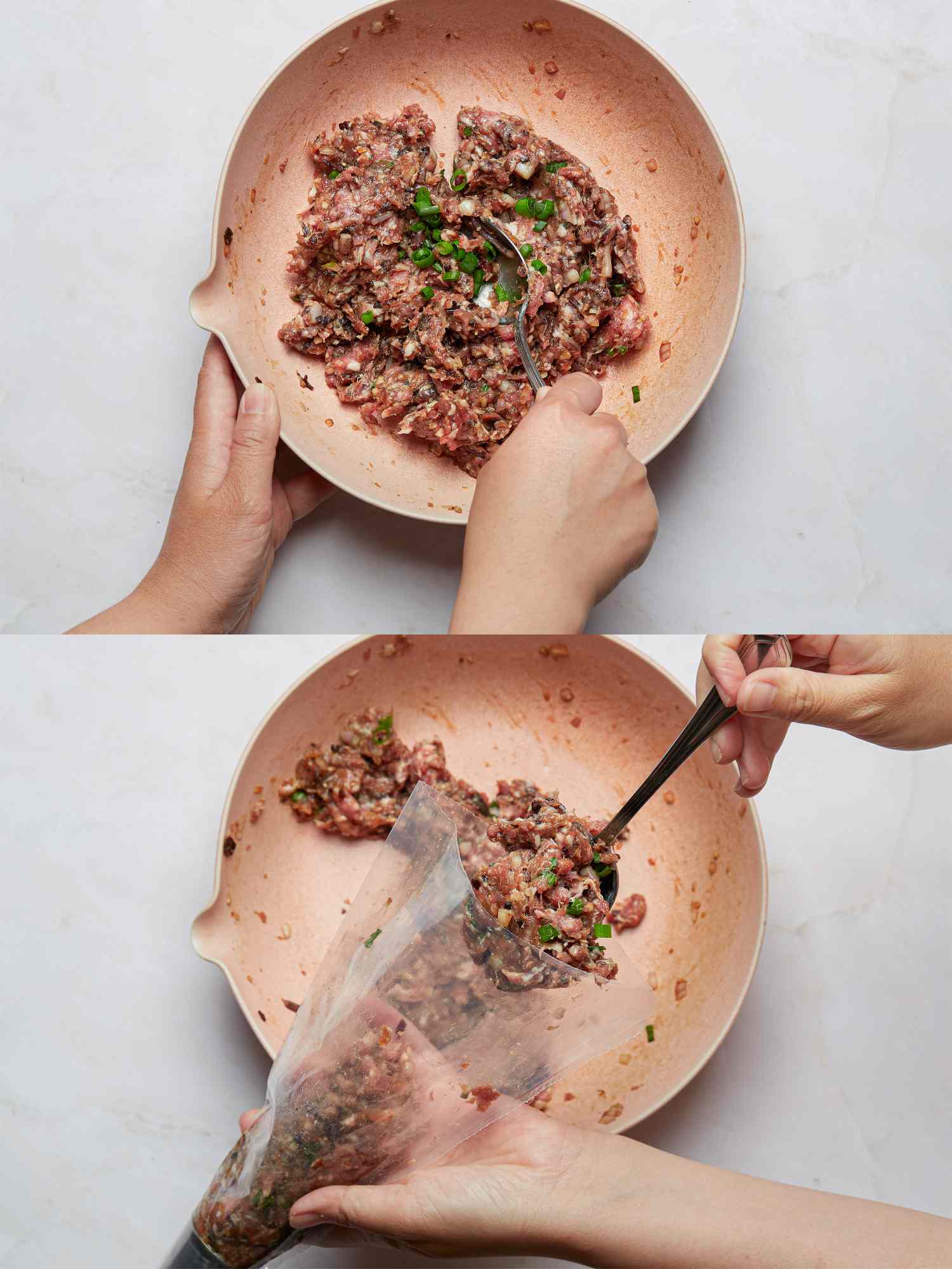 Two steps of preparing a squid stuffing involving mixing ingredients in a bowl and transferring it to a piping bag