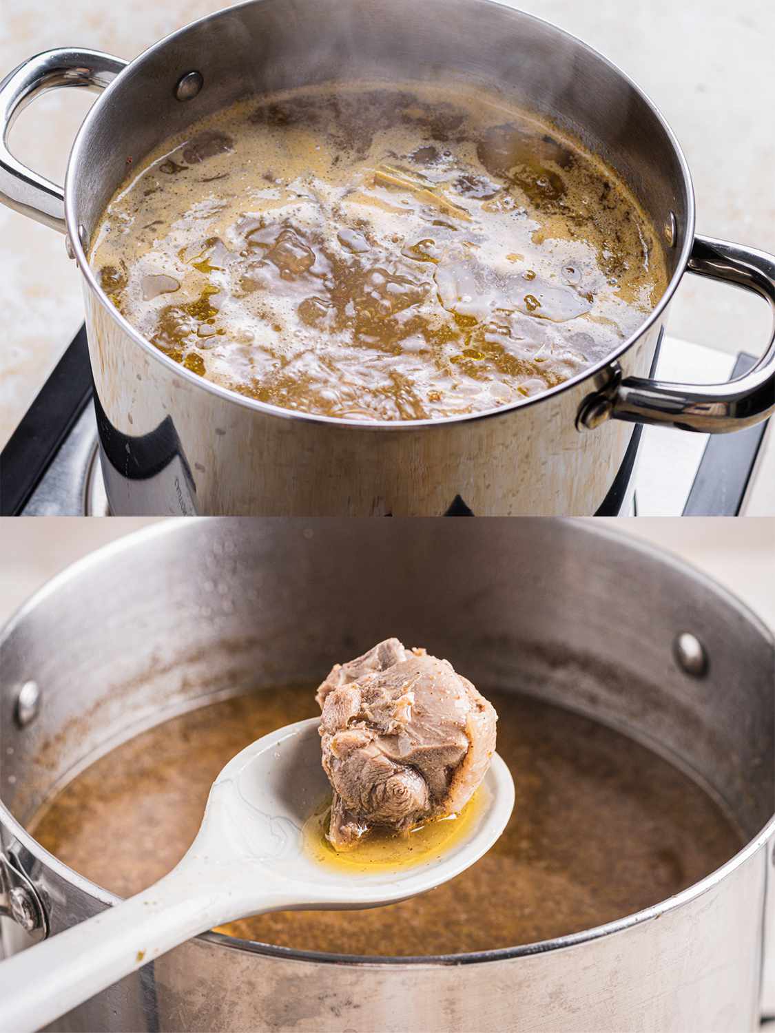Chicken, water, ground crayfish, salt, cayenne pepper, lemongrass and spice mixture in a stockpot.