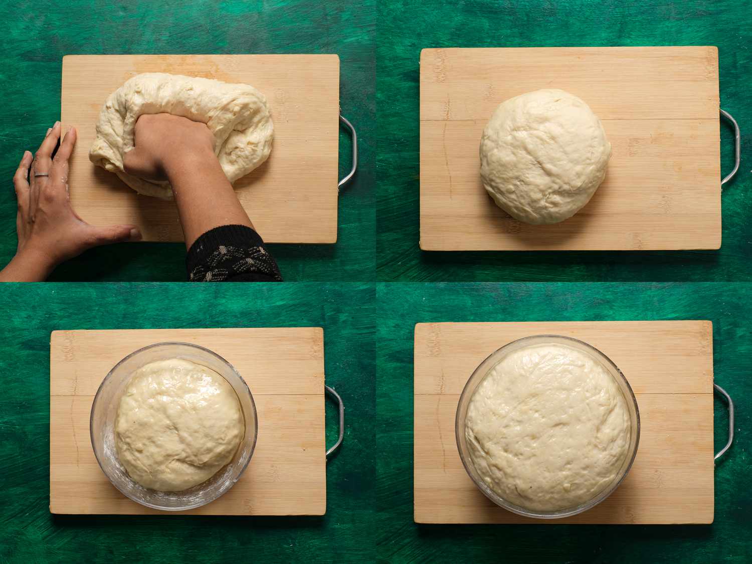 4 image collage. Top left: kneading dough on a wooden board and green surface. Top Left: dough shaped into a tight ball on a wooden board and green surface. Bottom Left: Dough in bowl with oil added. Bottom Right: dough after proved