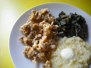 Fried Chicken Gizzards on a plate with some cooked greens