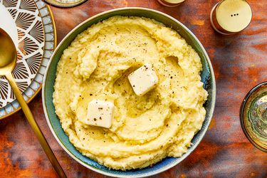 Overhead view of garlic mashed potatoes