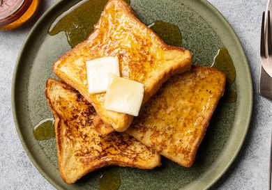 Quick and easy french toast, topped with butter and syrup