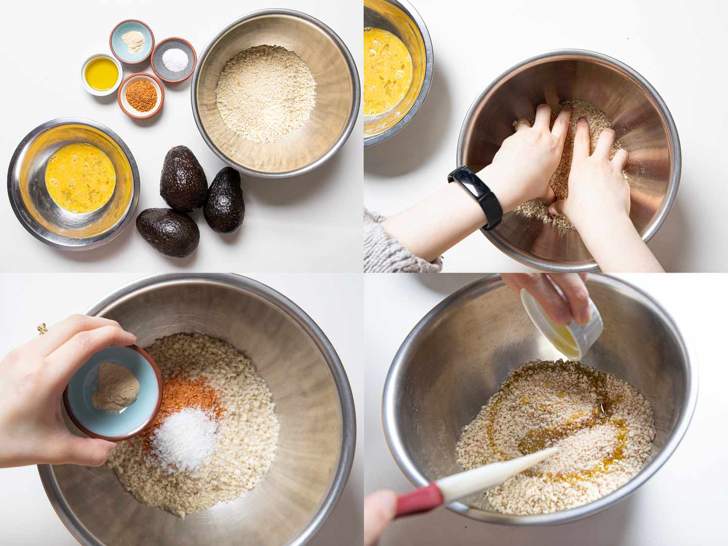 Four image collage of ingredients for avocado fries, breaking up breadcrumbs with hands, adding seasoning and adding oil to breadcrumbs