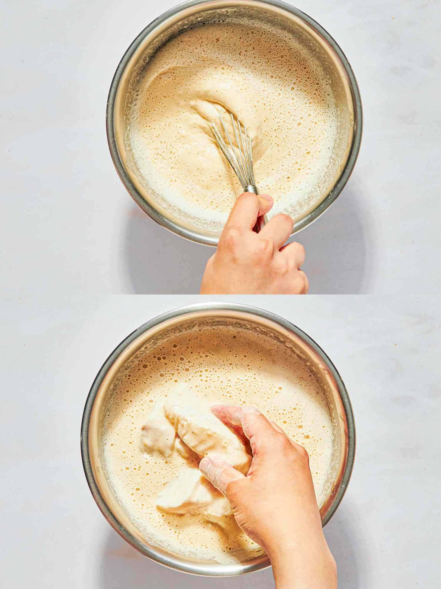 Two image collage of mixing batter and coating fish