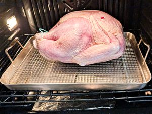 A turkey placed in an oven on a roasting pan with a rack