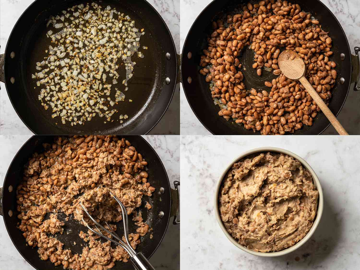 Minced onion cooking in a skillet. Beans are stirred in, then mashed. 