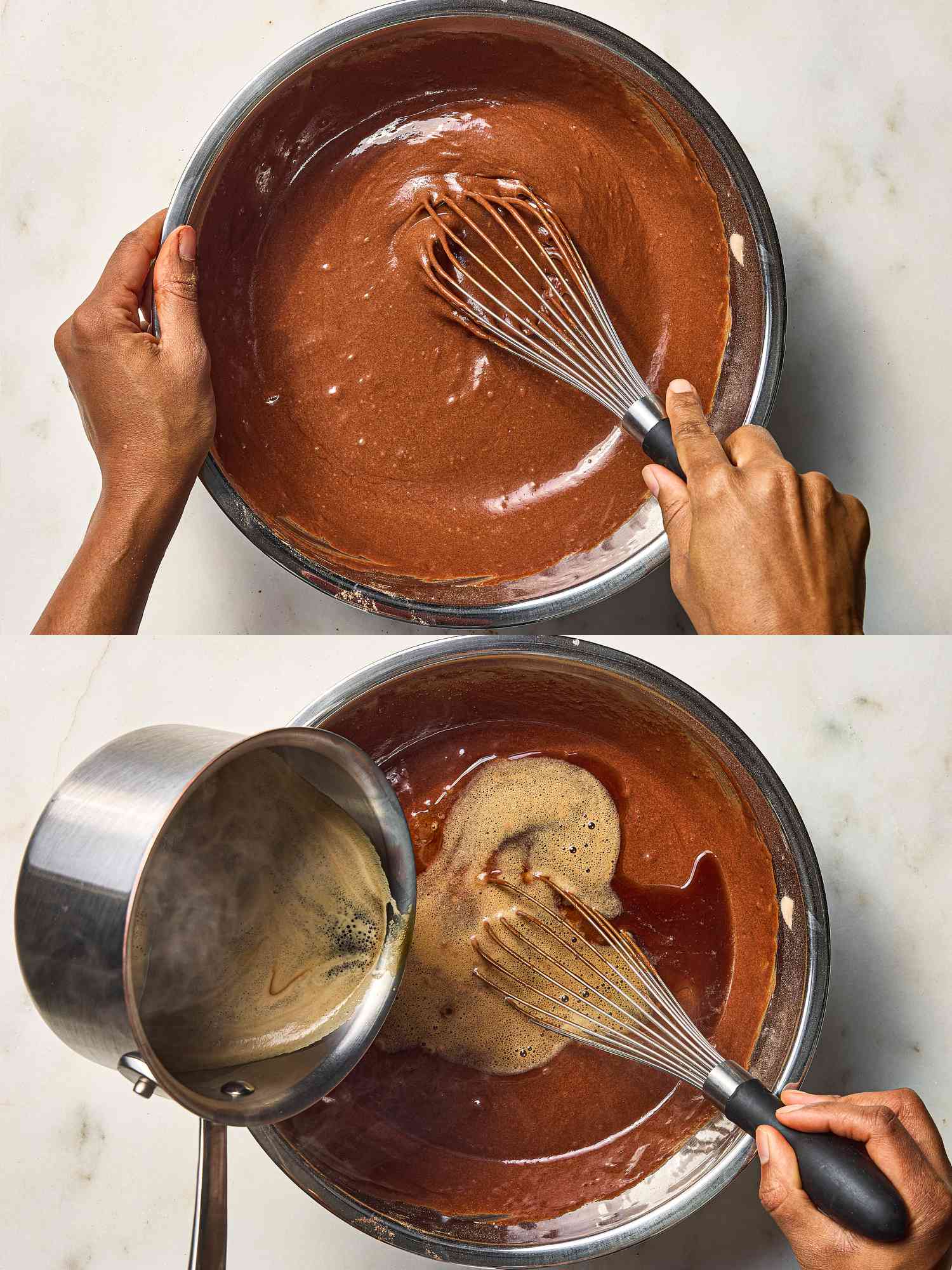 2 image collage. Top: whisking liquid ingredients to batter in metal bowl. Bottom: pouring beer from saucepan into batter 