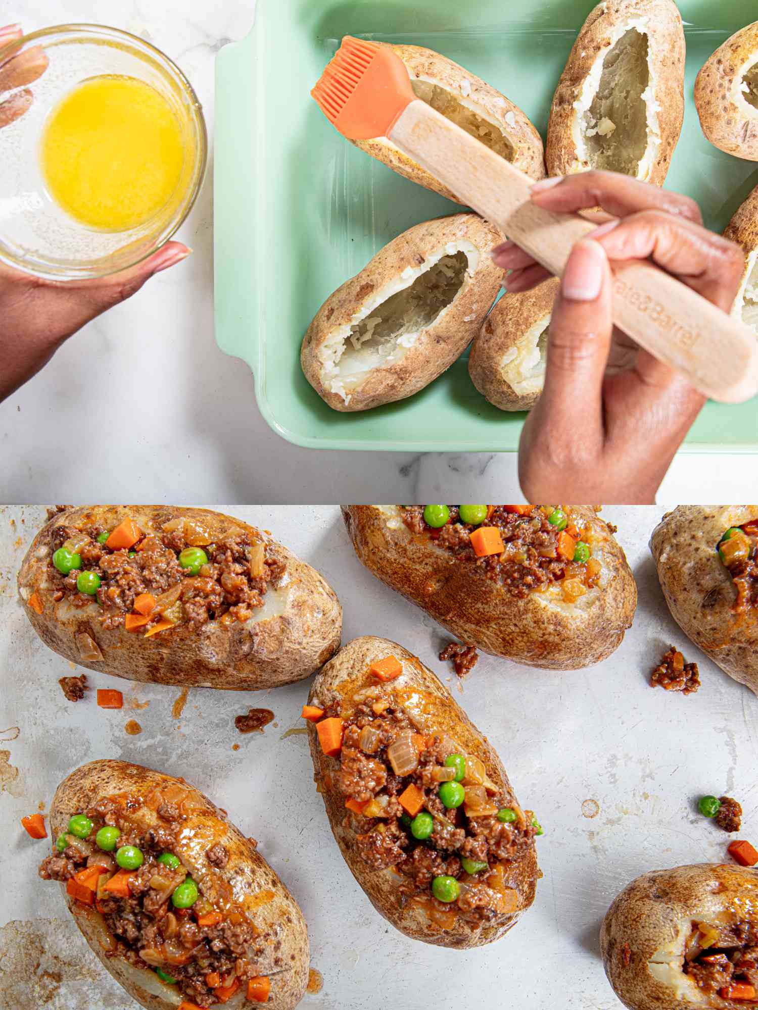 Two image collage of brushing potatoes and filling with meat